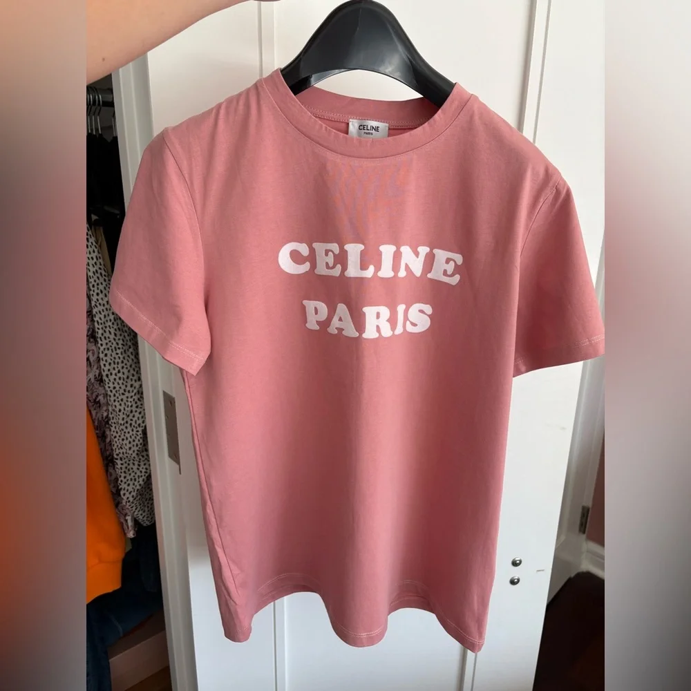 Celine Paris Logo Print Cotton T-Shirt Dust Pink Size Medium Scoop Neck Women’s - Picture 2 of 10